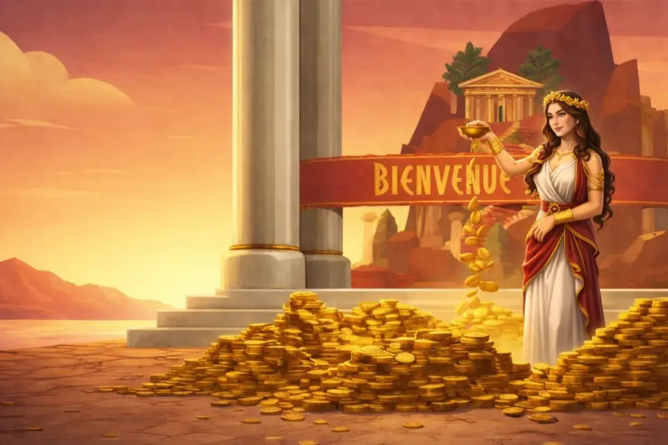Scène promotionnelle avec statue et pièces d'or
